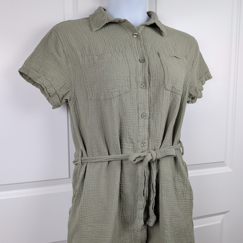 Coastal Grandma Sage Green Cotton Gauze Shirt Dress Lagenlook Medium Pockets
